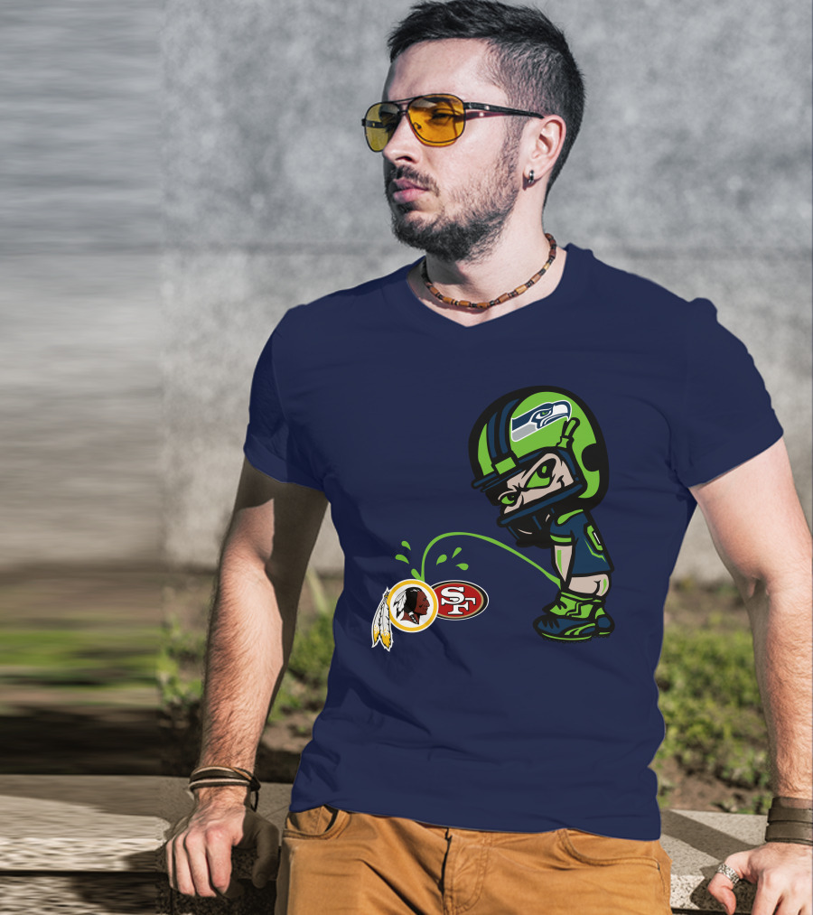 Seattle Seahawks Rivalry Cartoon With San Francisco 49ers And Washington Logos T-Shirt