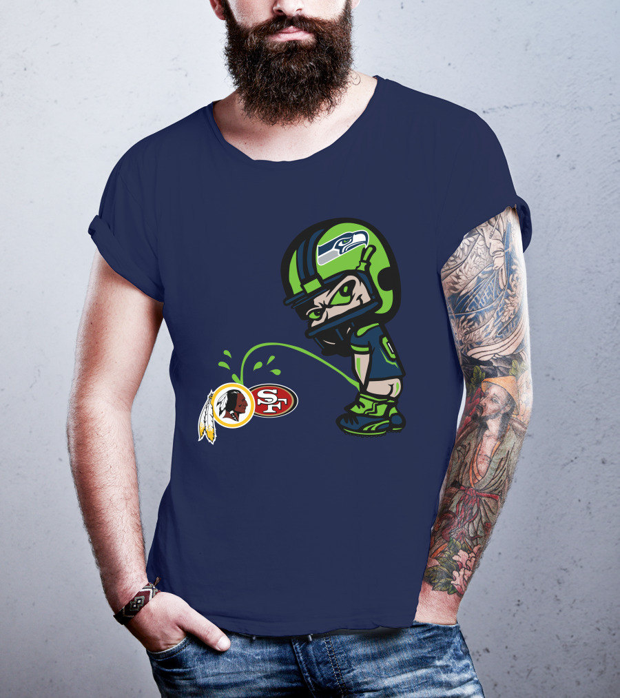 Seattle Seahawks Rivalry Cartoon With San Francisco 49ers And Washington Logos T-Shirt