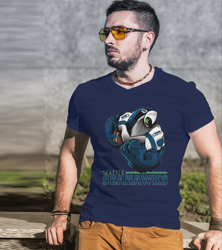 Seattle Seahawks Powerful Mascot With Football Iconic Team Spirit T-Shirt