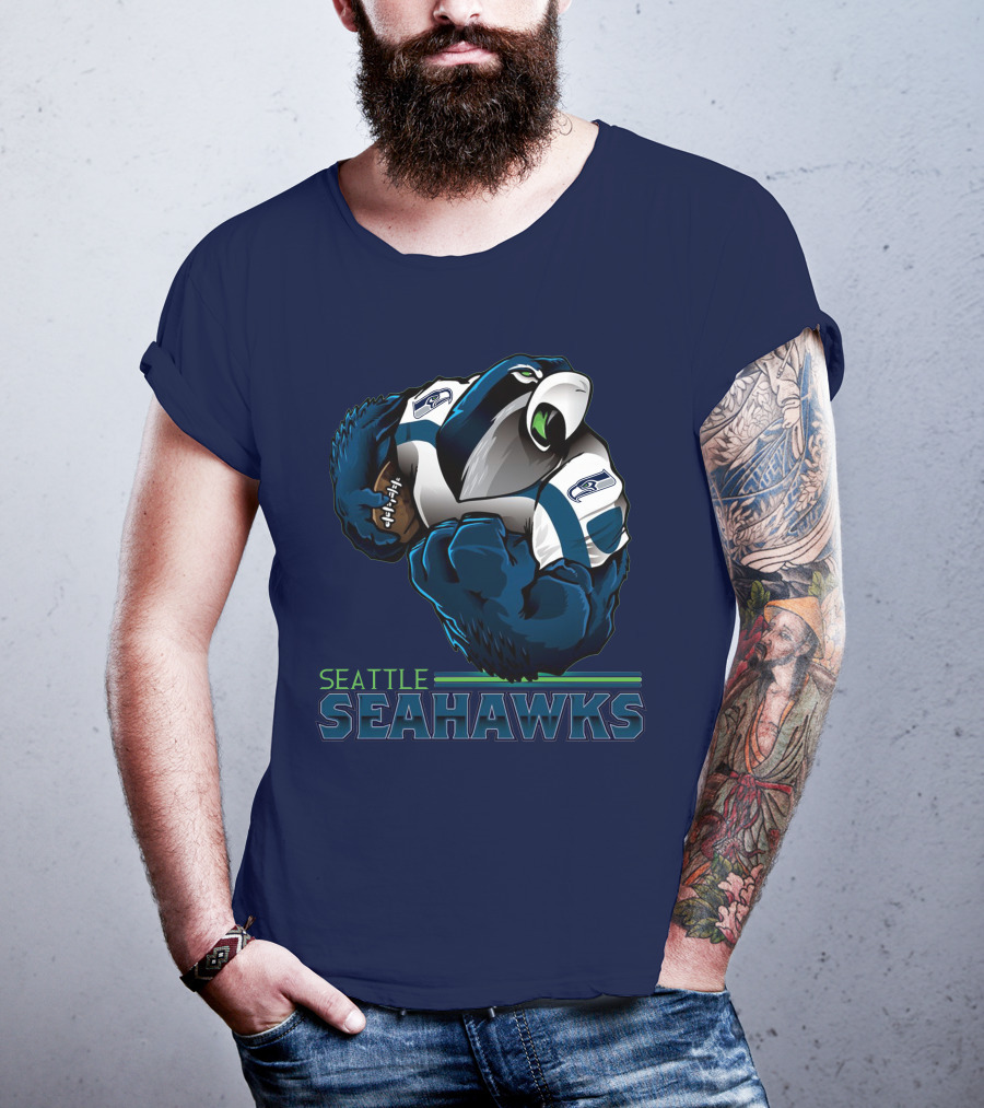 Seattle Seahawks Powerful Mascot With Football Iconic Team Spirit T-Shirt