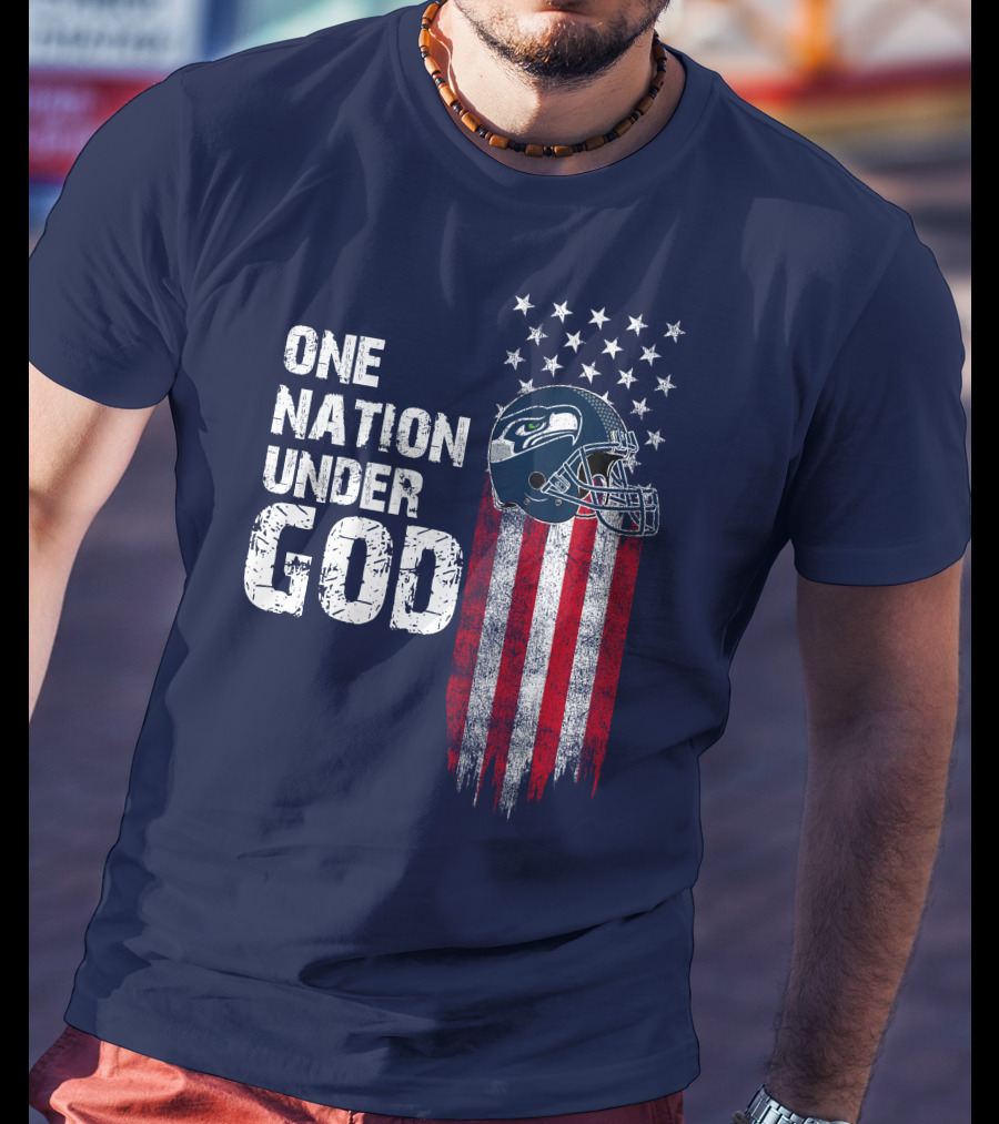 One Nation Under God Seattle Seahawks Flag Helmet Stars Stripes T-Shirt