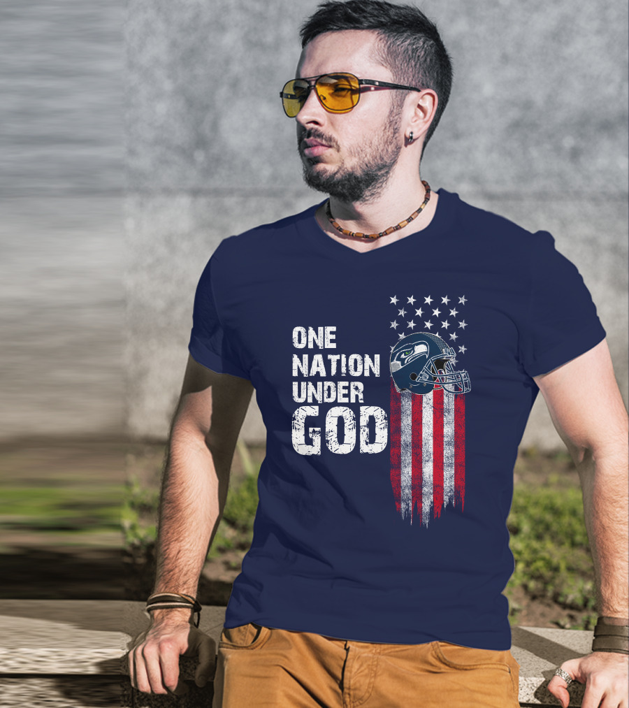 One Nation Under God Seattle Seahawks Flag Helmet Stars Stripes T-Shirt