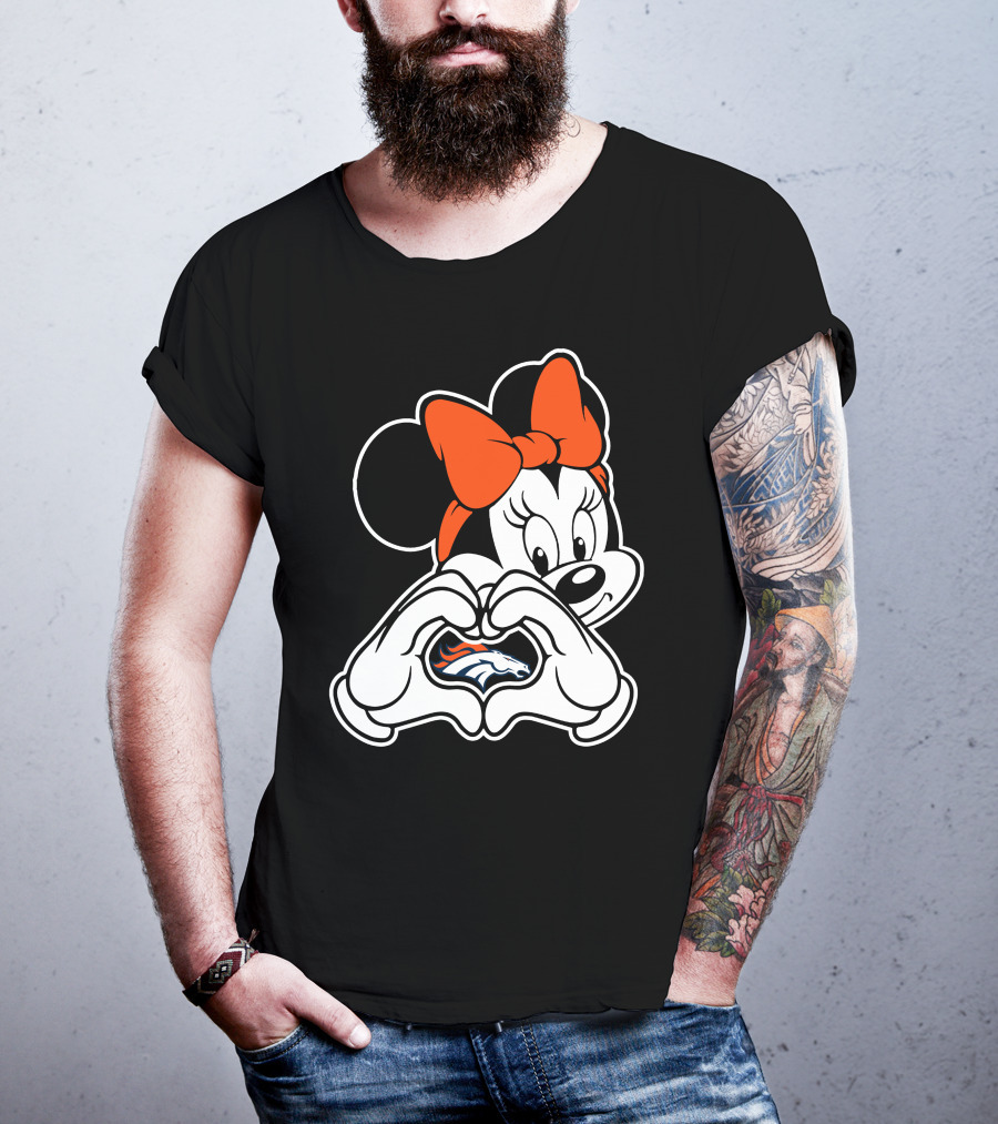 Minnie Mouse Heart Hands Denver Broncos Logo On Black Background With Orange Bow T-Shirt