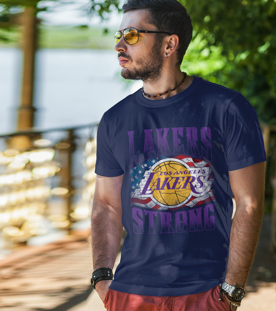 Los Angeles Lakers Strong American Flag Basketball T-Shirt