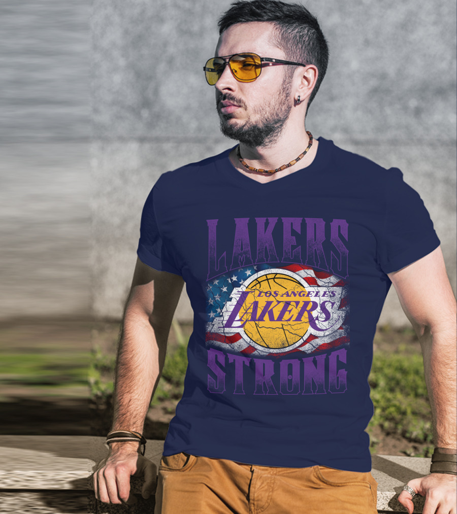 Los Angeles Lakers Strong American Flag Basketball T-Shirt