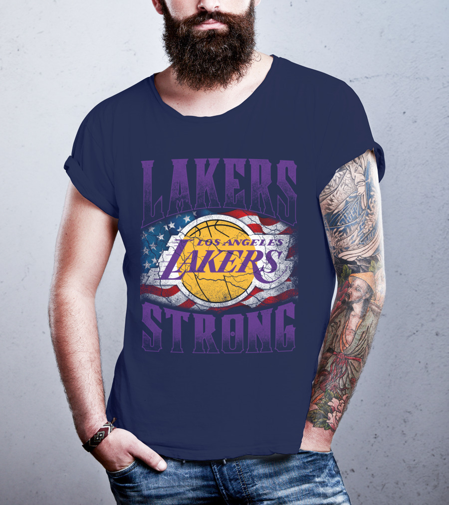 Los Angeles Lakers Strong American Flag Basketball T-Shirt