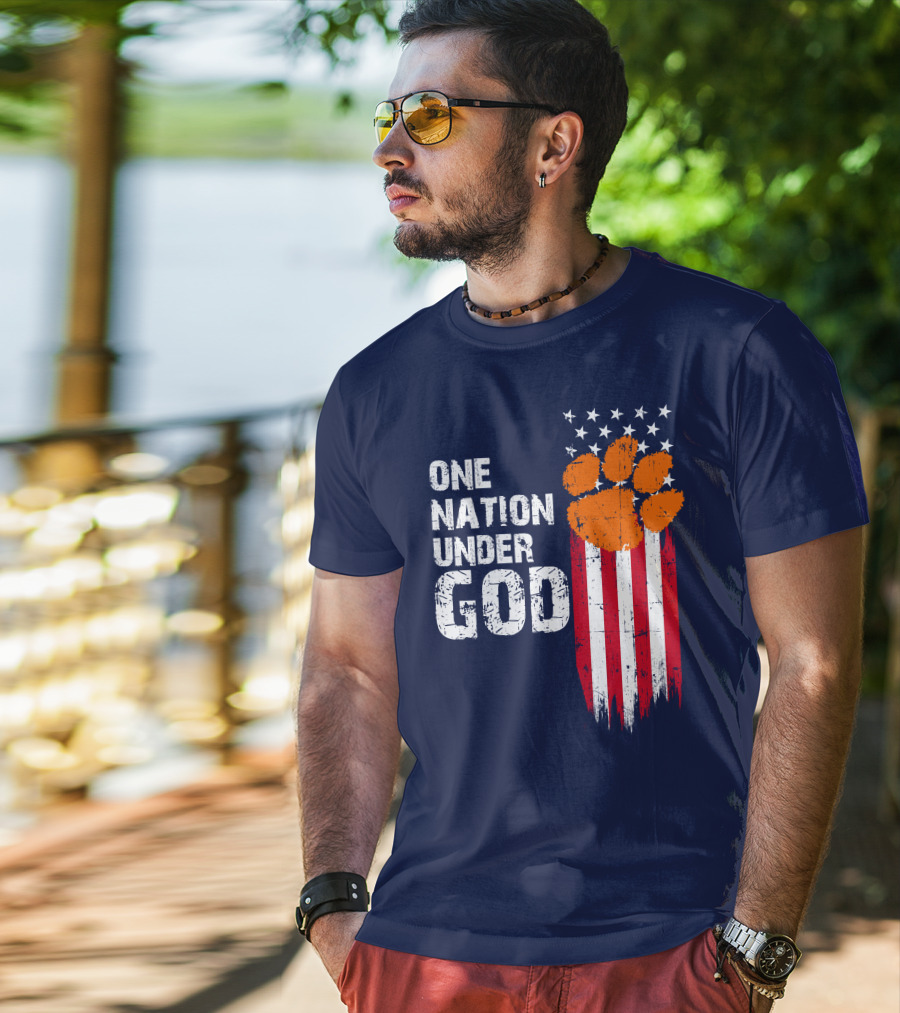 One Nation Under God Clemson Tigers American Flag Paw Print T-Shirt