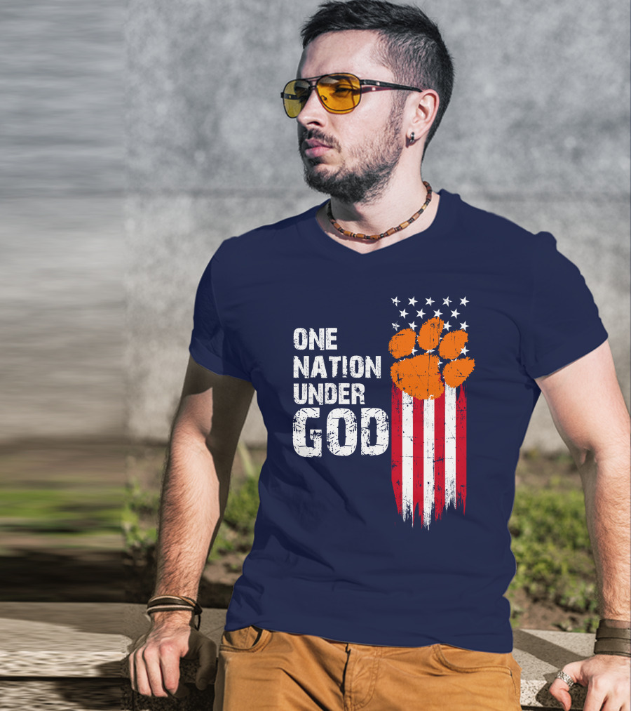 One Nation Under God Clemson Tigers American Flag Paw Print T-Shirt