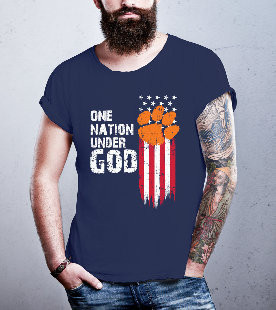 One Nation Under God Clemson Tigers American Flag Paw Print T-Shirt