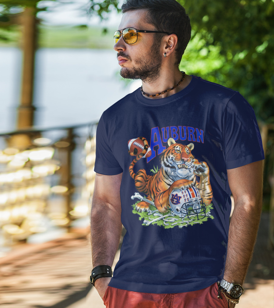 Auburn Tigers Football Tiger Holding Helmet With Bones And Football T-Shirt