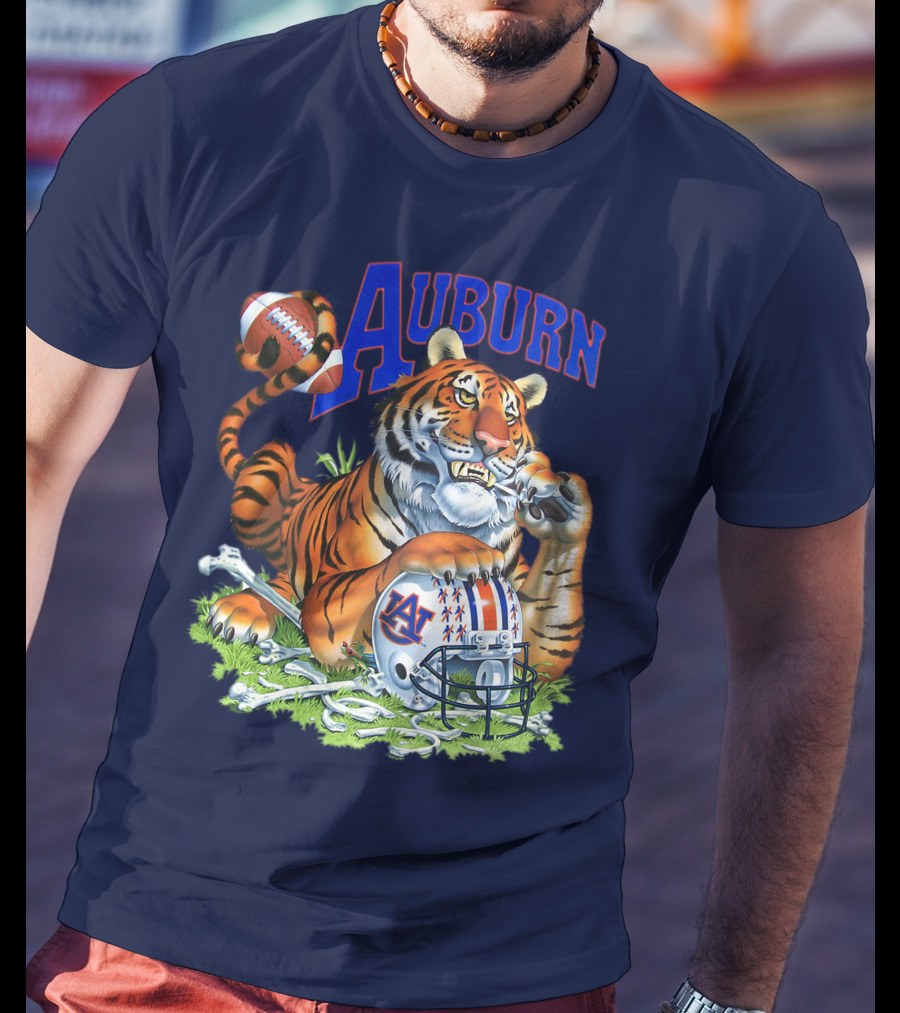 Auburn Tigers Football Tiger Holding Helmet With Bones And Football T-Shirt
