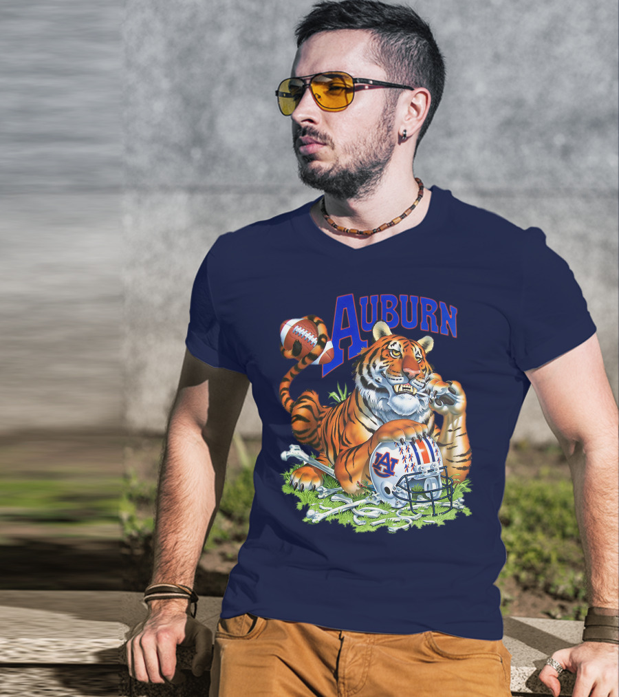 Auburn Tigers Football Tiger Holding Helmet With Bones And Football T-Shirt