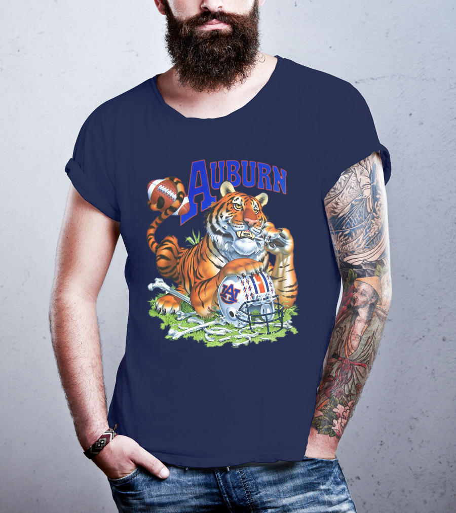 Auburn Tigers Football Tiger Holding Helmet With Bones And Football T-Shirt