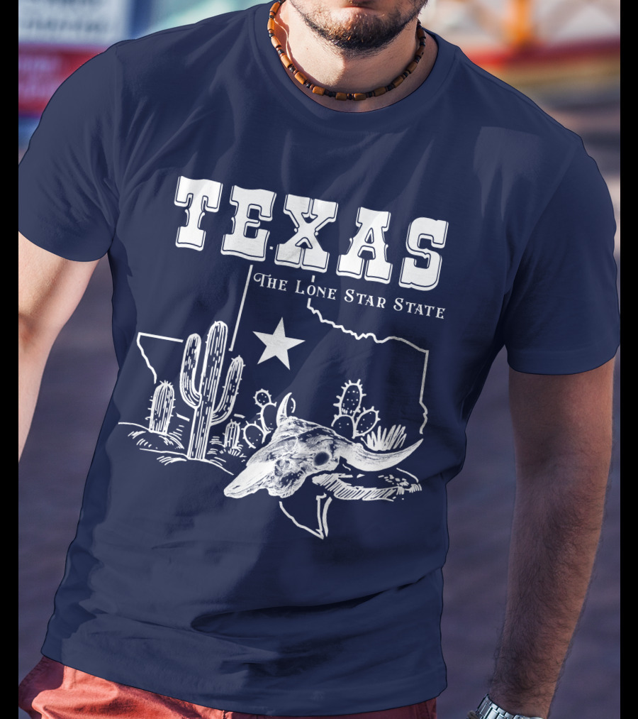 Texas The Lone Star State Map Outline With Cactus And Bull Skull T-Shirt