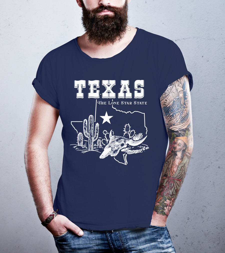 Texas The Lone Star State Map Outline With Cactus And Bull Skull T-Shirt