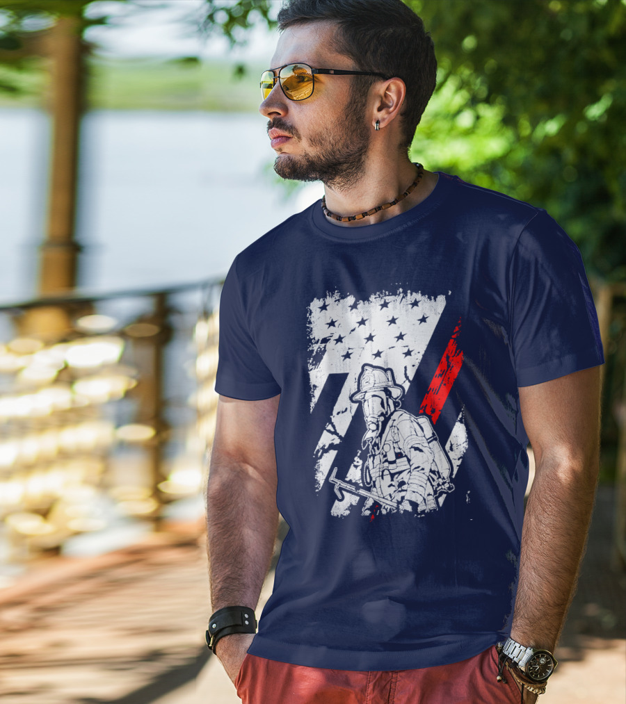 The Firefighters American Flag Tribute Heroic Firefighter With Axe And Stars And Stripes T-Shirt