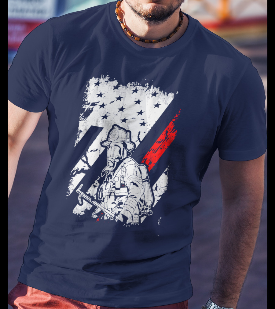 The Firefighters American Flag Tribute Heroic Firefighter With Axe And Stars And Stripes T-Shirt