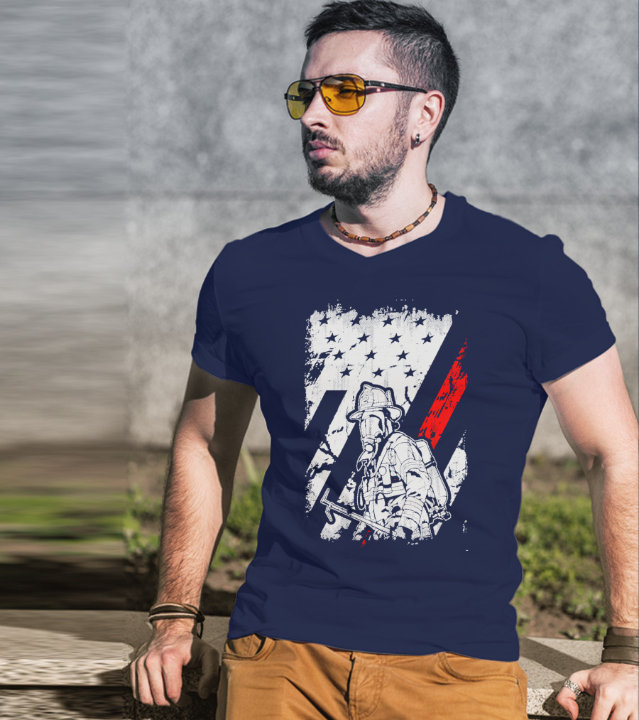 The Firefighters American Flag Tribute Heroic Firefighter With Axe And Stars And Stripes T-Shirt