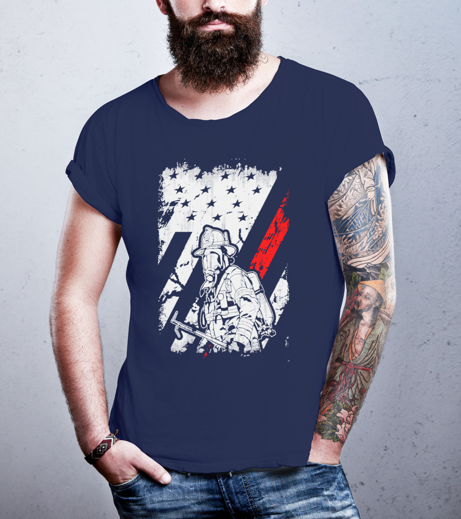 The Firefighters American Flag Tribute Heroic Firefighter With Axe And Stars And Stripes T-Shirt
