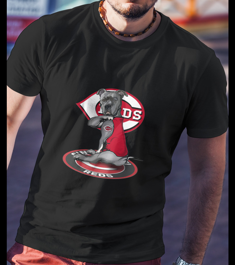 Cincinnati Reds Logo With Dog In Reds Jersey T-Shirt