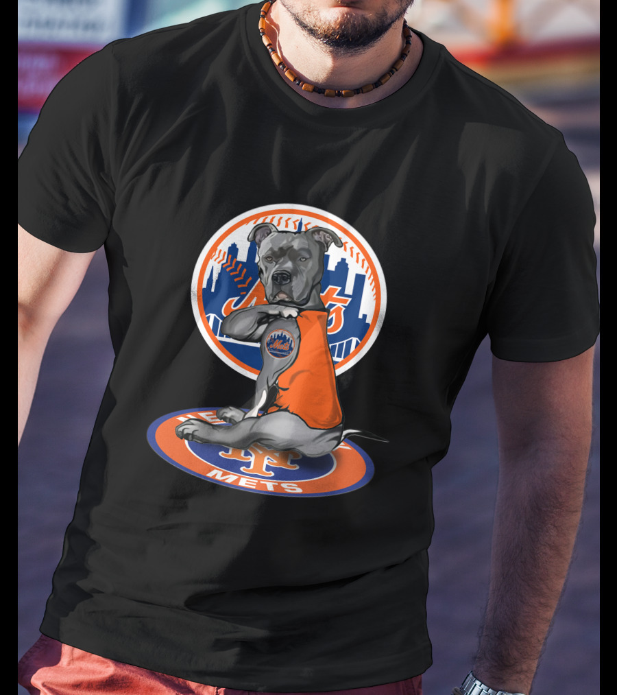 New York Mets Dog In Orange Shirt With Team Logo And Skyline T-Shirt
