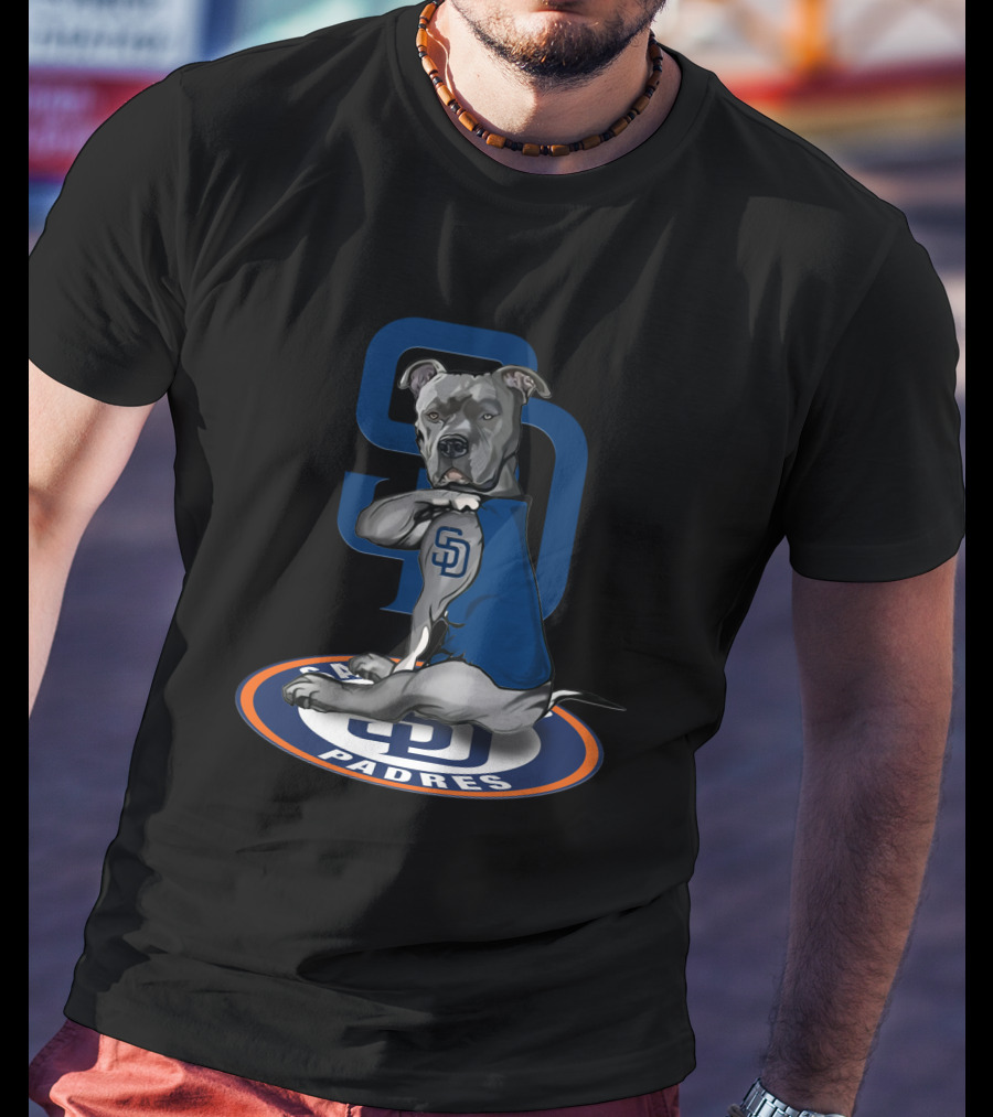 Sd Padres Dog With Blue Sweater And Logo On Black T-Shirt