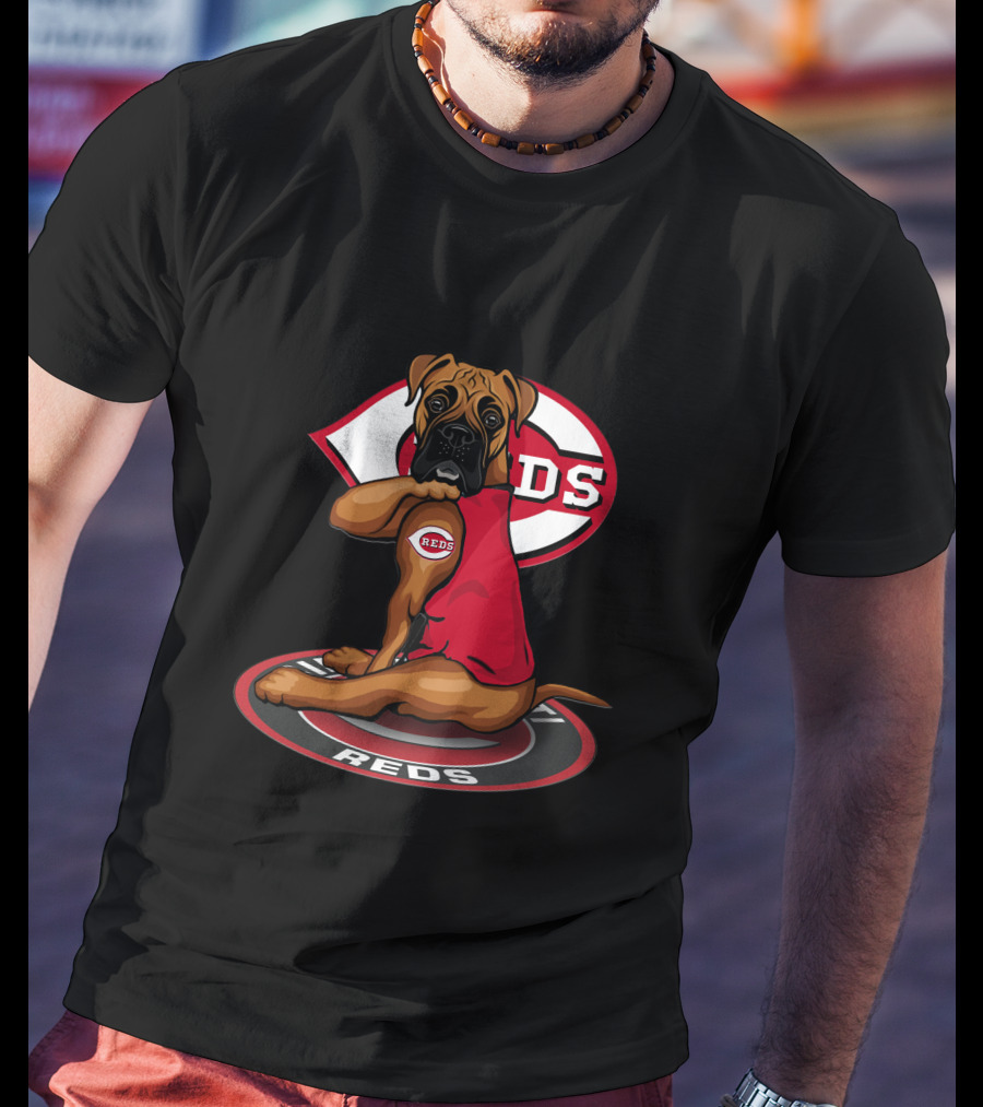 Cincinnati Reds Dog With Logo And Jersey Sitting On Reds T-Shirt