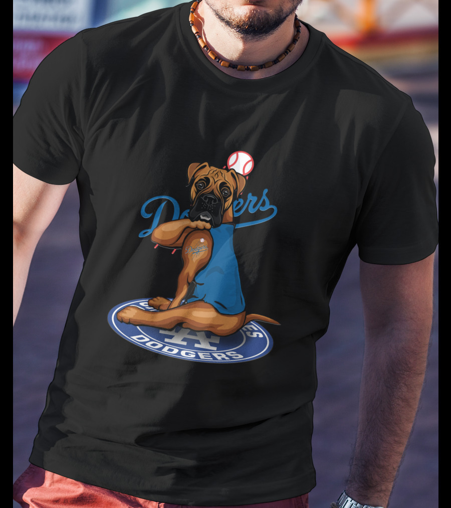 Los Angeles Dodgers Boxer Dog With Baseball And Logo Elements T-Shirt