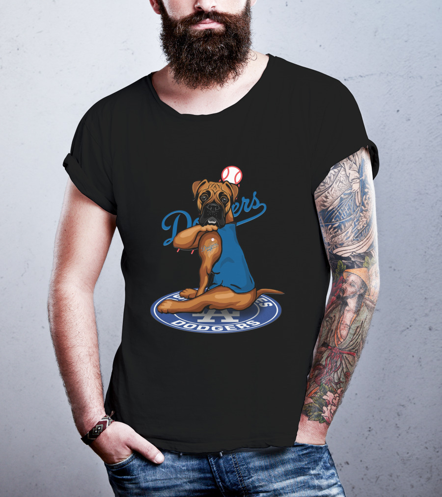 Los Angeles Dodgers Boxer Dog With Baseball And Logo Elements T-Shirt