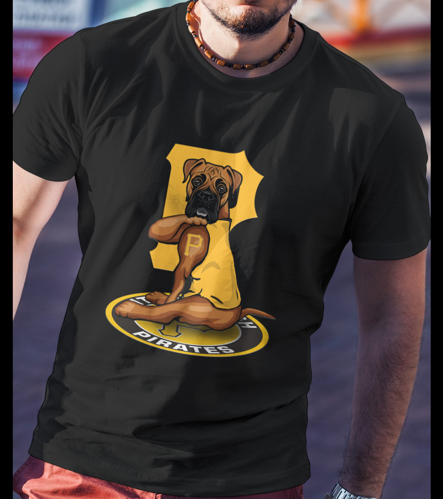 Pittsburgh Pirates Boxer Dog In Yellow Jersey With Vintage T-Shirt