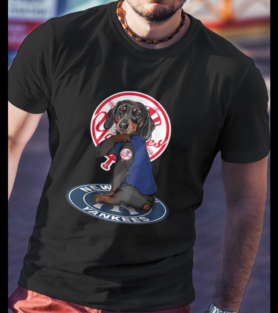 Yankees Dachshund In New York Yankees Logo With Baseball Elements T-Shirt