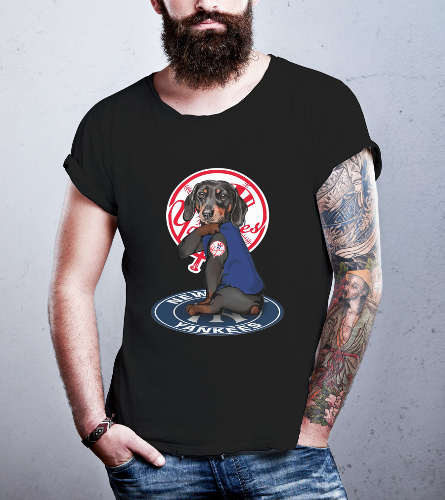 Yankees Dachshund In New York Yankees Logo With Baseball Elements T-Shirt