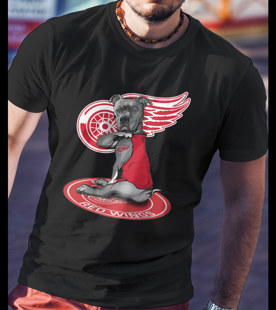 Detroit Red Wings Dog With Logo Wings And Red Vest T-Shirt