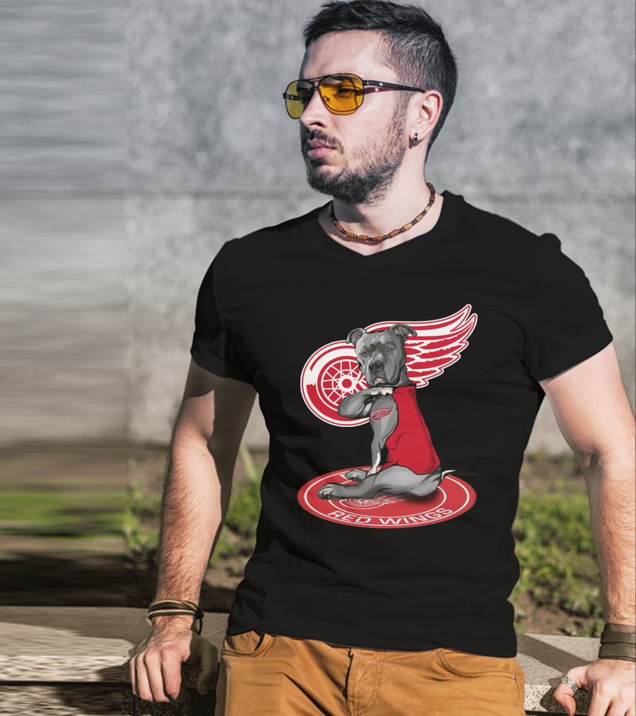 Detroit Red Wings Dog With Logo Wings And Red Vest T-Shirt