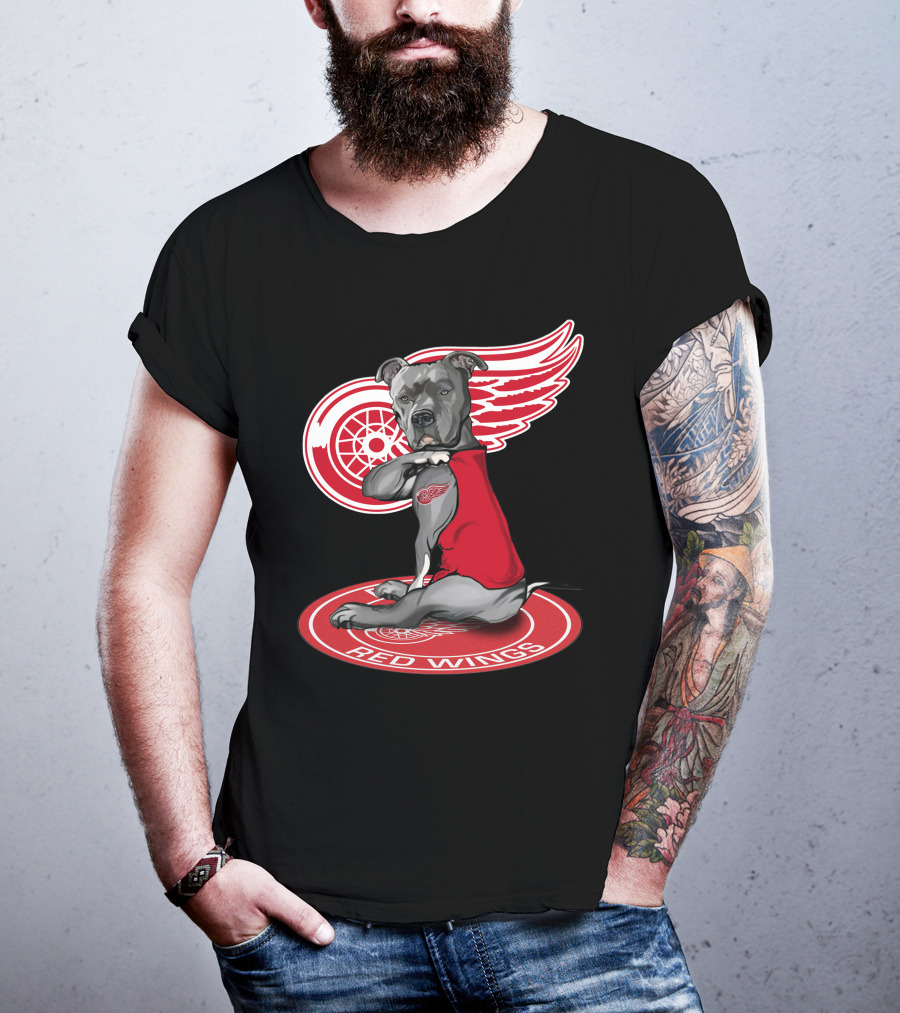 Detroit Red Wings Dog With Logo Wings And Red Vest T-Shirt