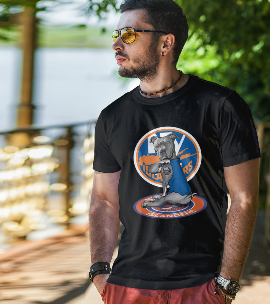 NY Islanders Dog Wearing Team Logo With Circular Orange T-Shirt