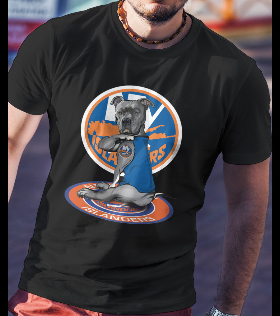 NY Islanders Dog Wearing Team Logo With Circular Orange T-Shirt