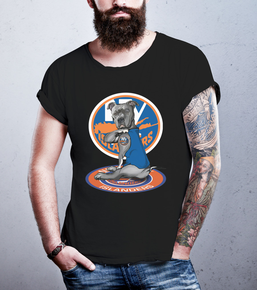 NY Islanders Dog Wearing Team Logo With Circular Orange T-Shirt