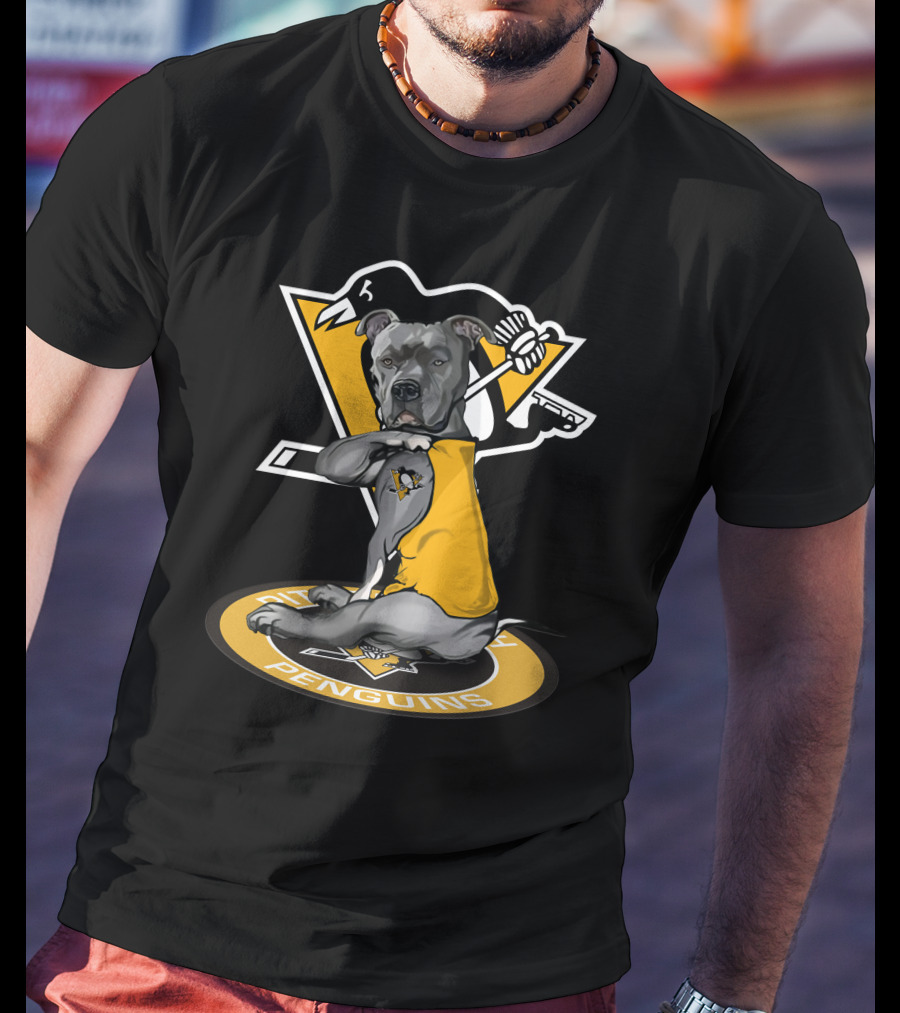 Pittsburgh Penguins Dog In Yellow Jersey With Hockey Stick T-Shirt