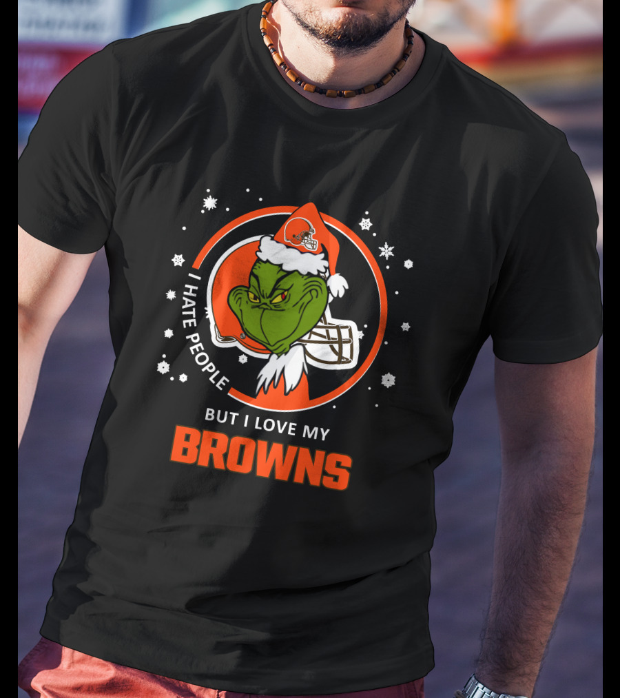 I Hate People But I Love My Browns Cleveland Browns Grinch Santa Hat Snowflakes T-Shirt