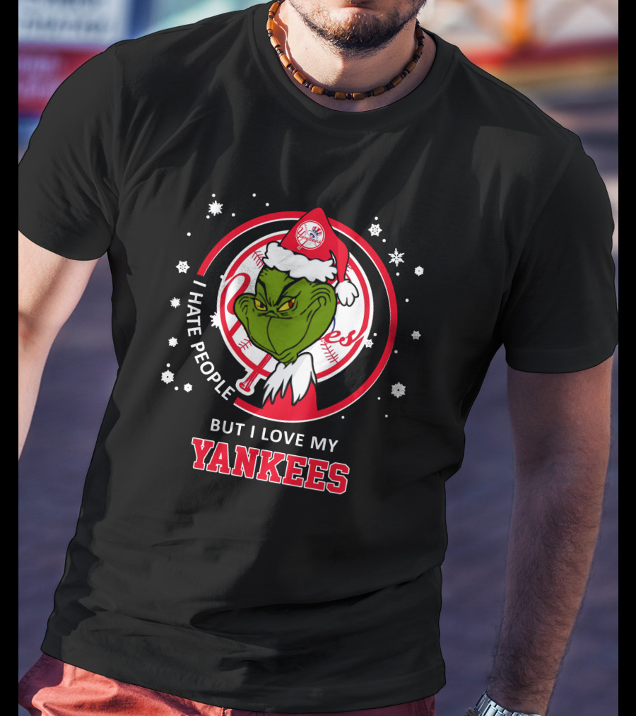 I Hate People But I Love My New York Yankees Grinch Holiday Red Circle Snowflake T-Shirt