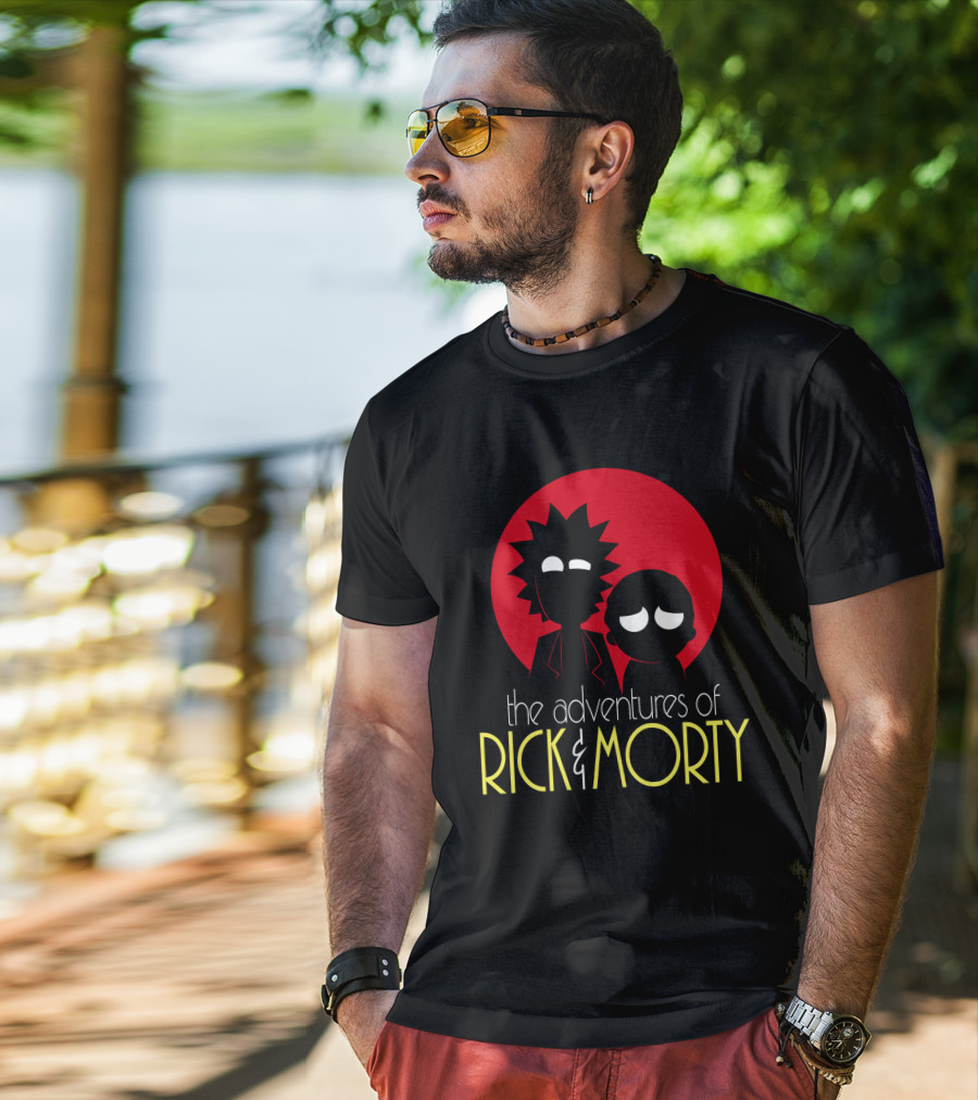 The Adventures Of Rick And Morty Silhouette With Bold Red Circle Background T-Shirt