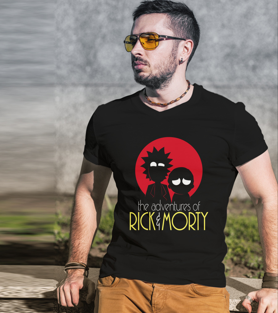 The Adventures Of Rick And Morty Silhouette With Bold Red Circle Background T-Shirt