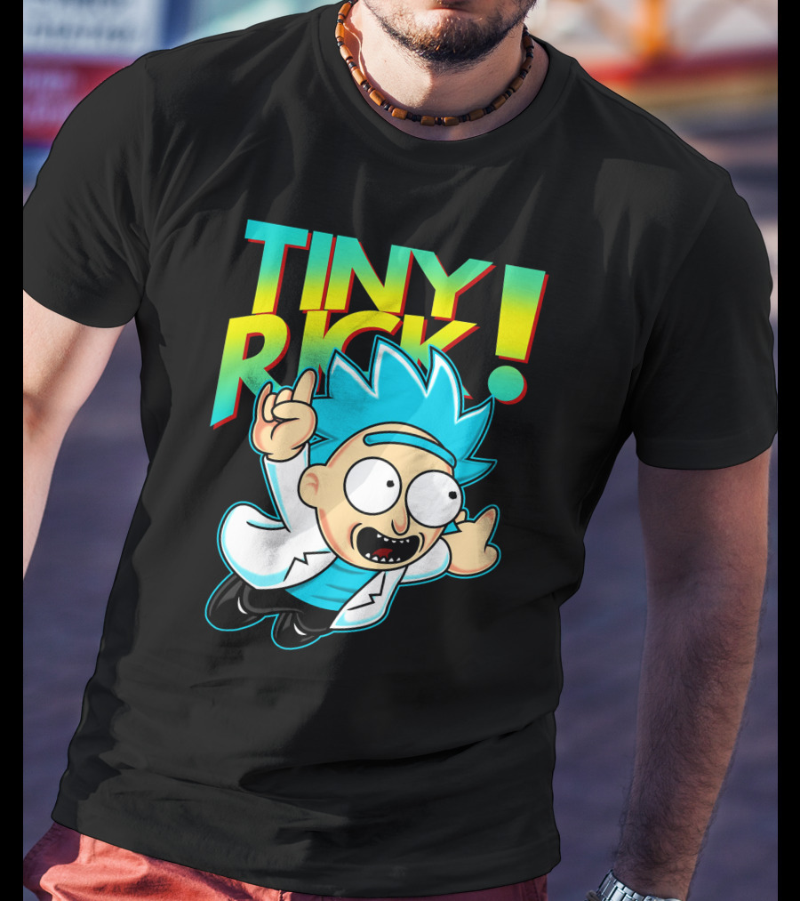 Tiny Rick Flying Character With Blue Hair And White Lab Coat T-Shirt