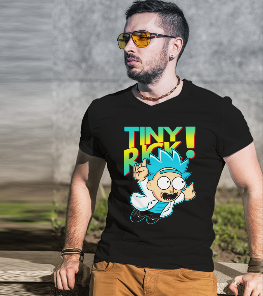 Tiny Rick Flying Character With Blue Hair And White Lab Coat T-Shirt