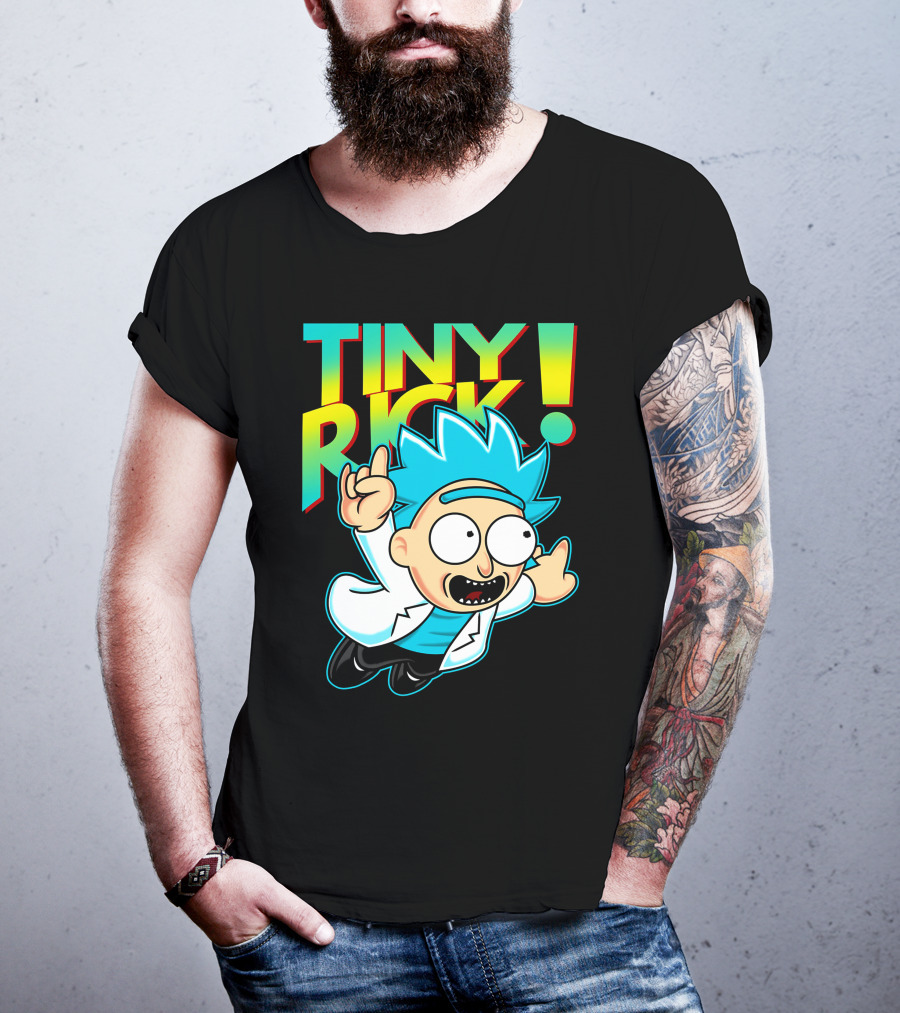 Tiny Rick Flying Character With Blue Hair And White Lab Coat T-Shirt