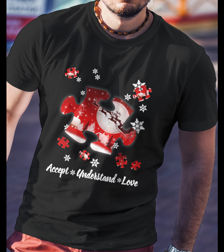 Accept Understand Love Autism Puzzle Christmas Snowflakes Santa Sleigh T-Shirt