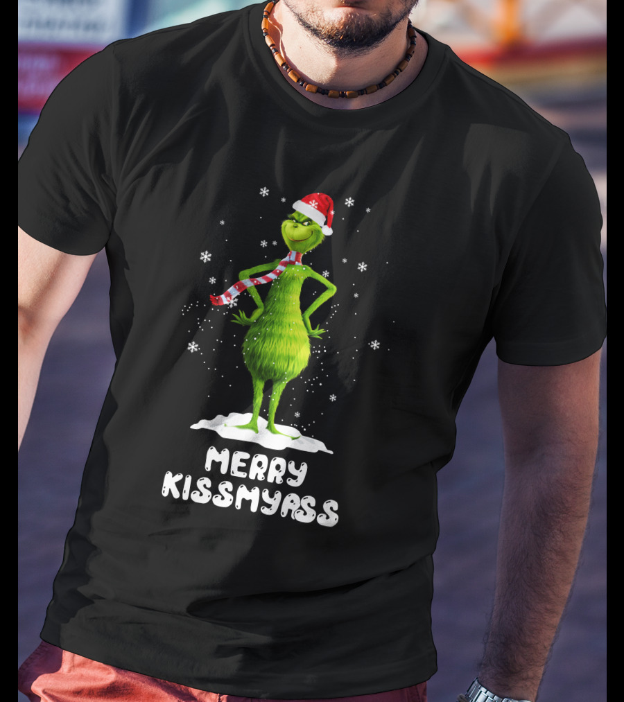 Merry KissMyAss Grinch Santa Hat Scarf Snowflakes T-Shirt