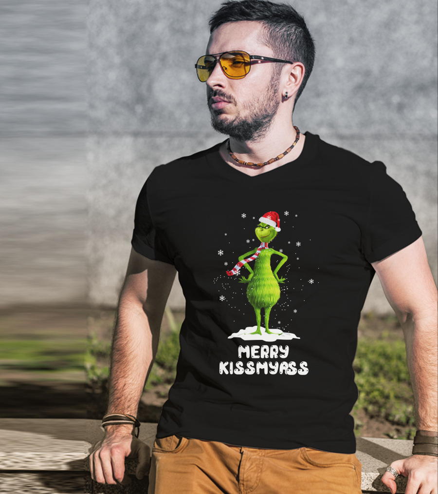 Merry KissMyAss Grinch Santa Hat Scarf Snowflakes T-Shirt