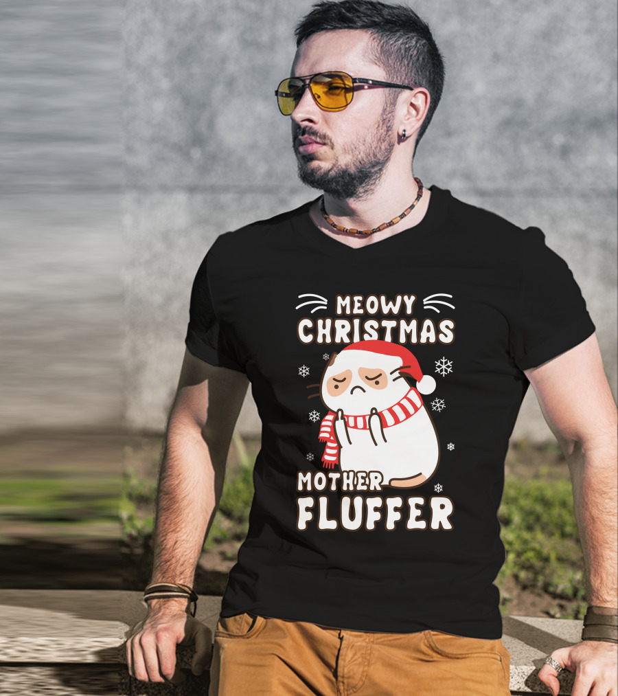 Meowy Christmas Mother Fluffer Santa Cat Snowflakes T-Shirt